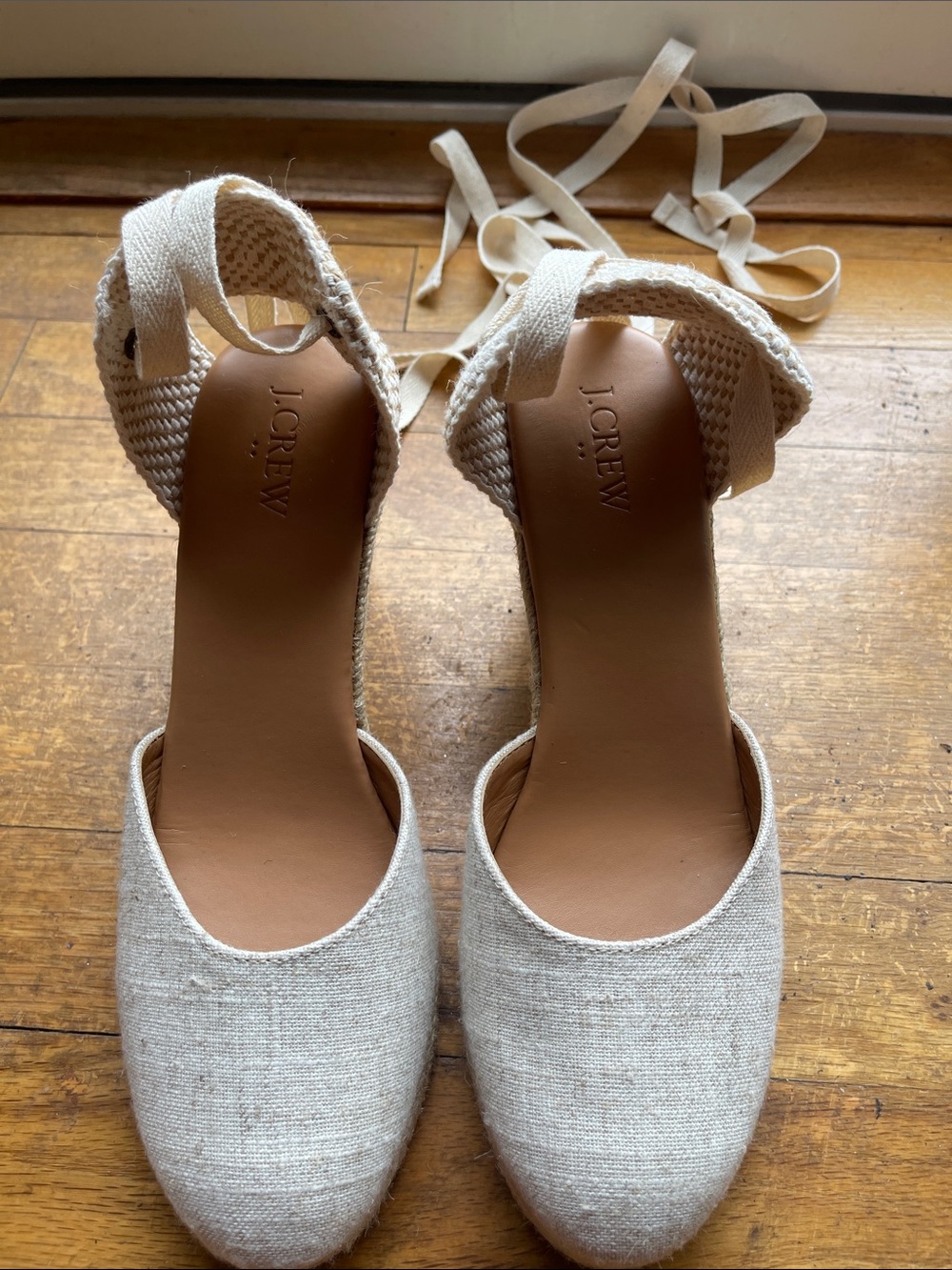 J. Crew Cream Linen Espadrille Tie-Ankle Wedges